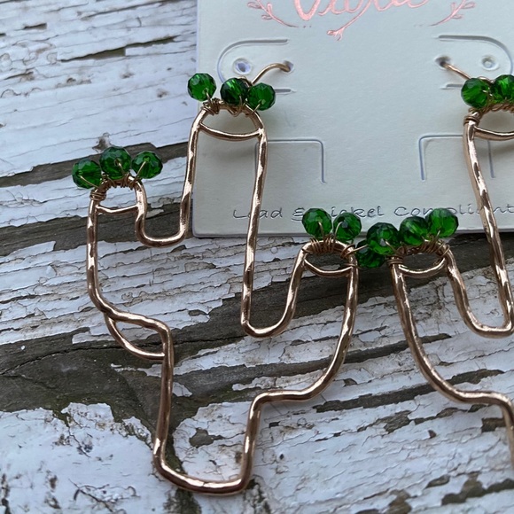 Cactus Earrings Saguaro Gold Tone Green Glass Bead - Picture 3 of 7